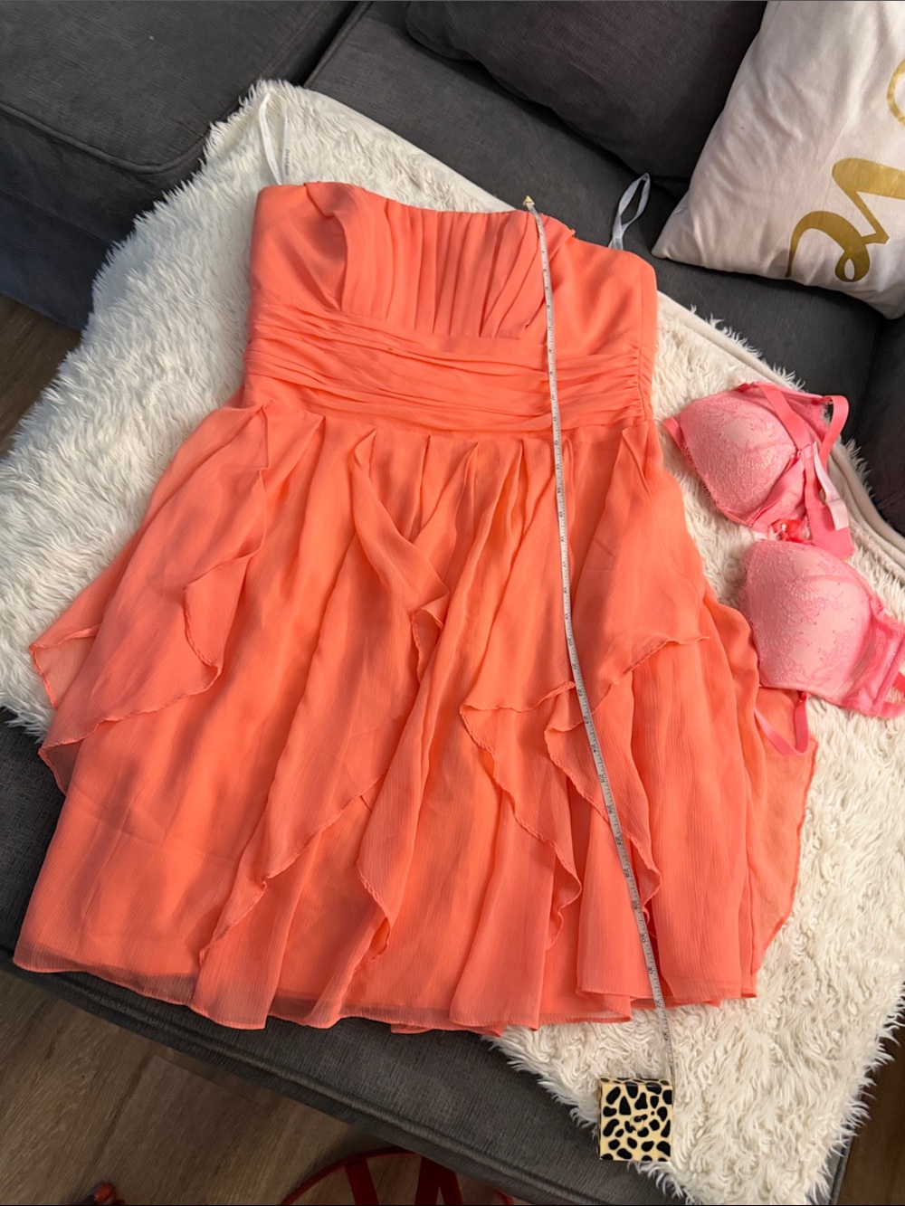 Coral Strapless Ruffled Chiffon Party Dress - David’s Bridal Size 14.
